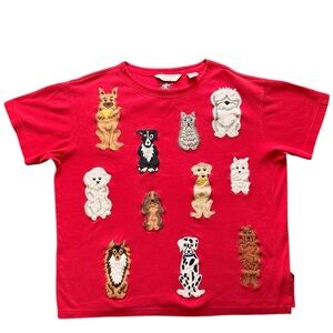 Bechamel Womens Cotton T-Shirt Red Short Sleeve Dog Embroidered Sz Petite Large